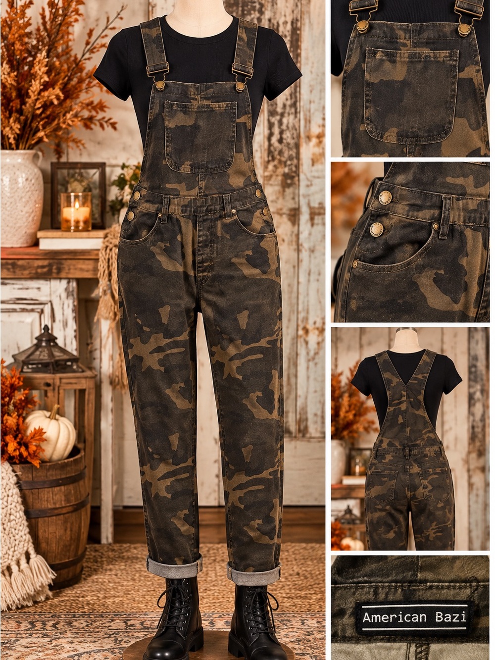 American Bazi Women’s Large Camo Denim Overalls Utility Bib Y2K Grunge